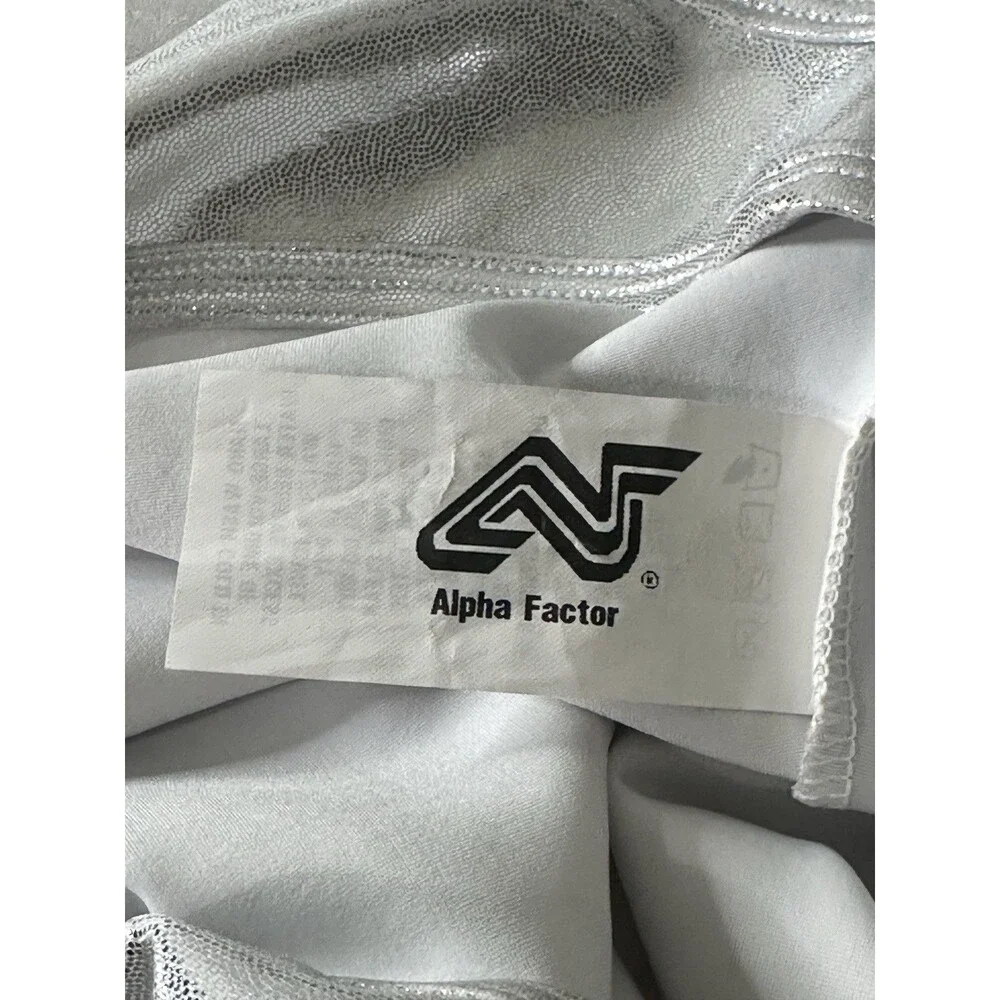 Alpha Factor Youth Medium Silver Foil Leotard New Gymnastics Dance